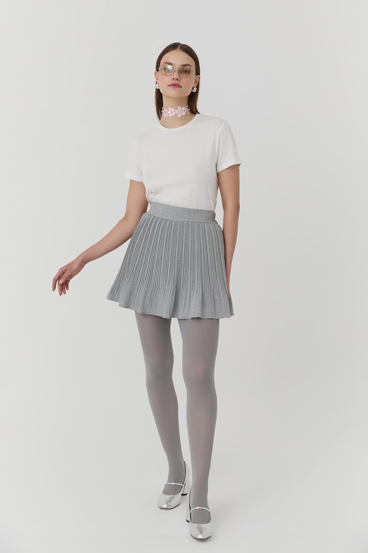 Quzu Pile Detaylı Etek Açık Gri