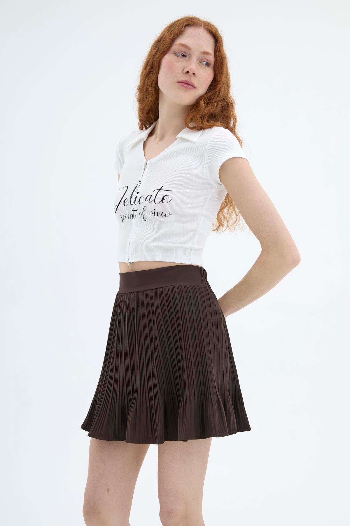 Quzu Pile Detaylı Etek Kahve