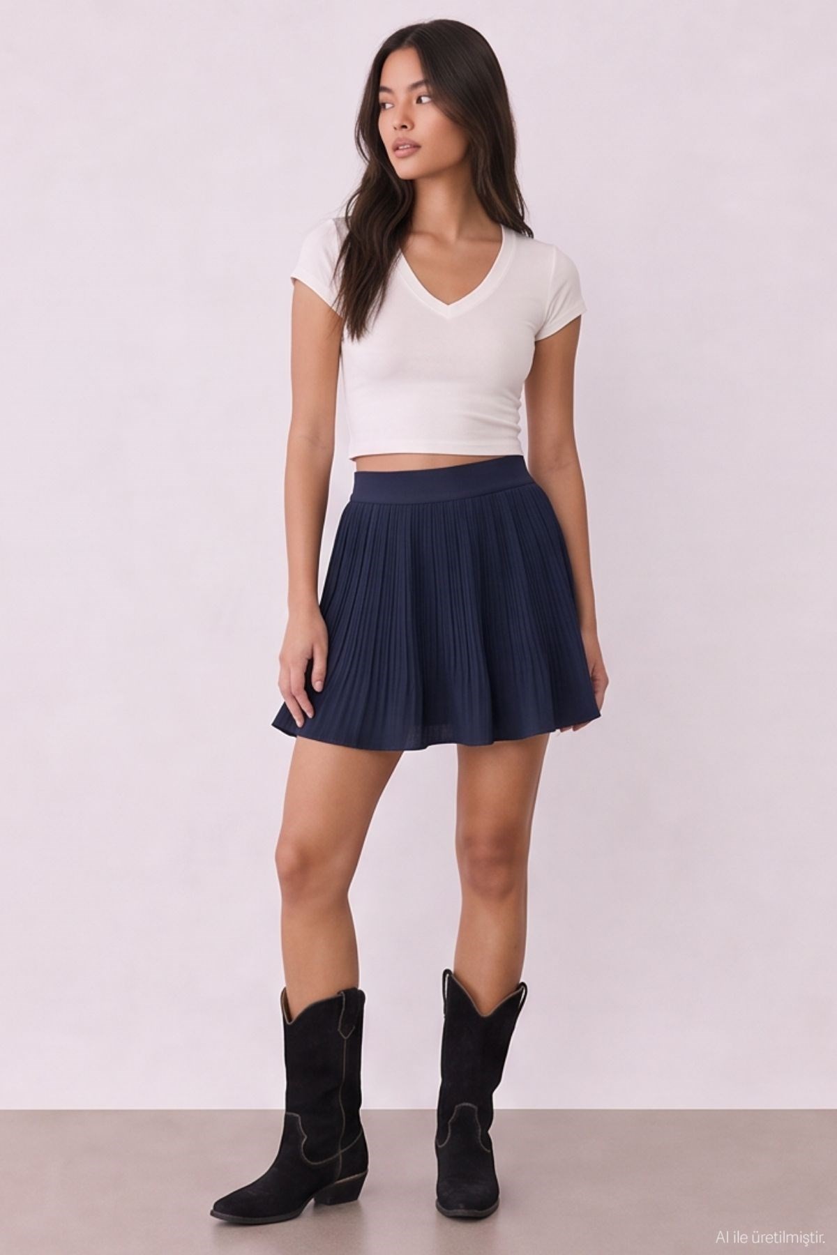 Quzu Pleated Detailed Skirt Navy