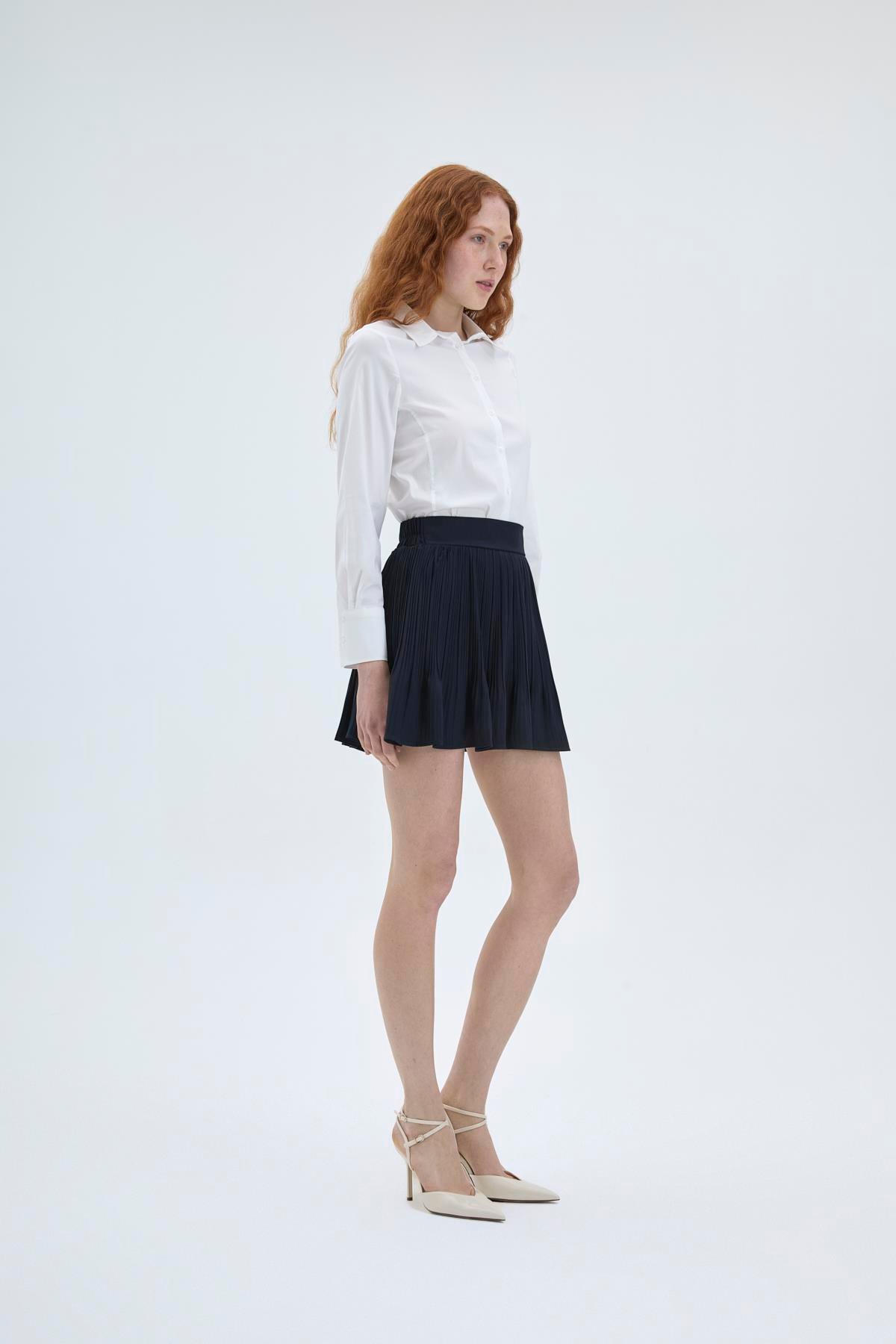 Quzu Pile Detaylı Etek Lacivert