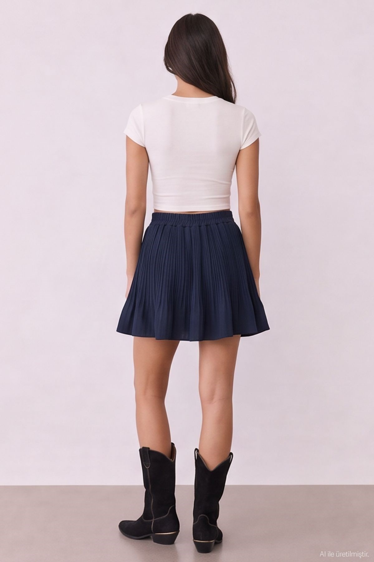 Quzu Pleated Detailed Skirt Navy