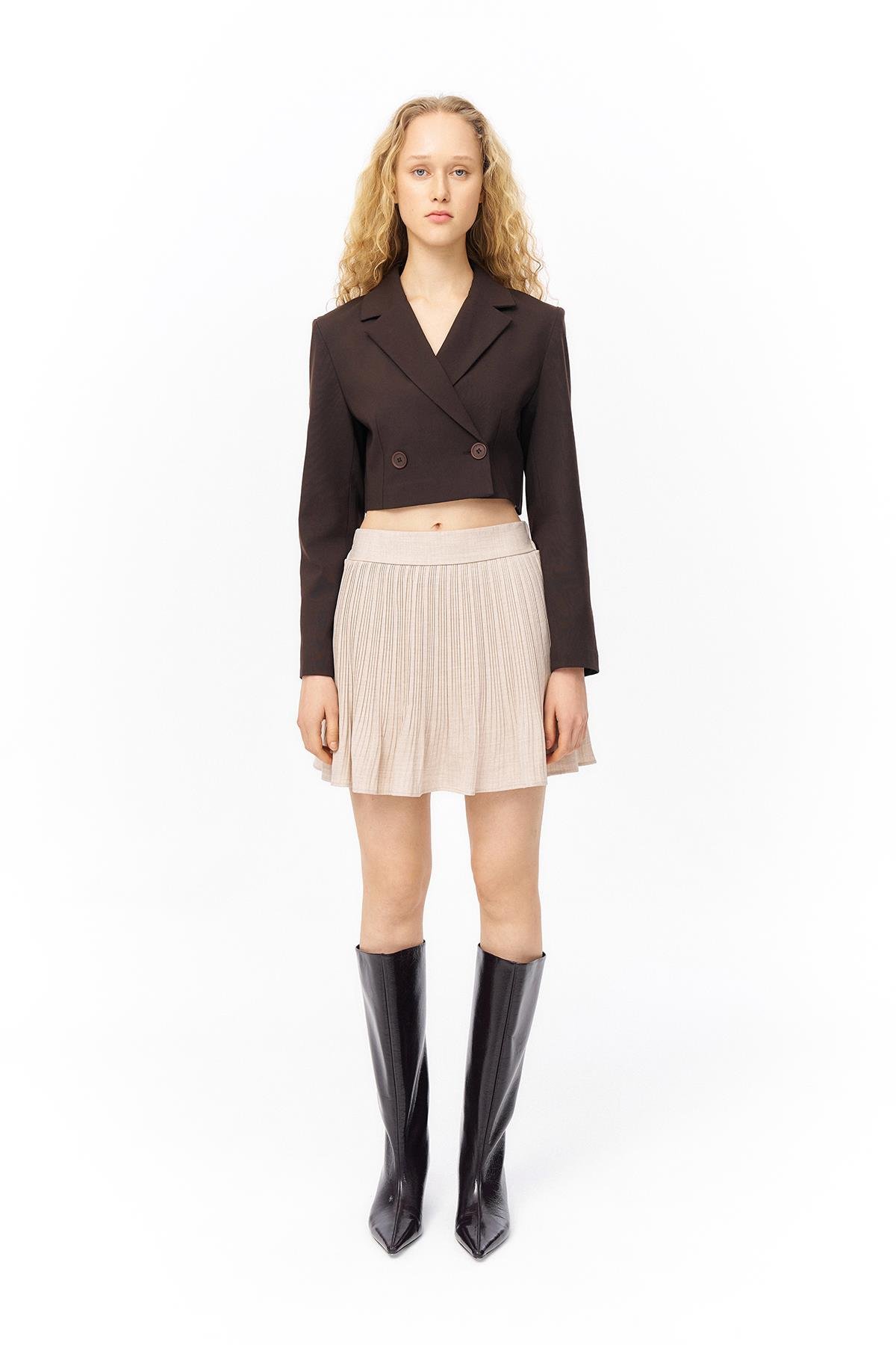 Quzu Pile Detaylı Etek Natur