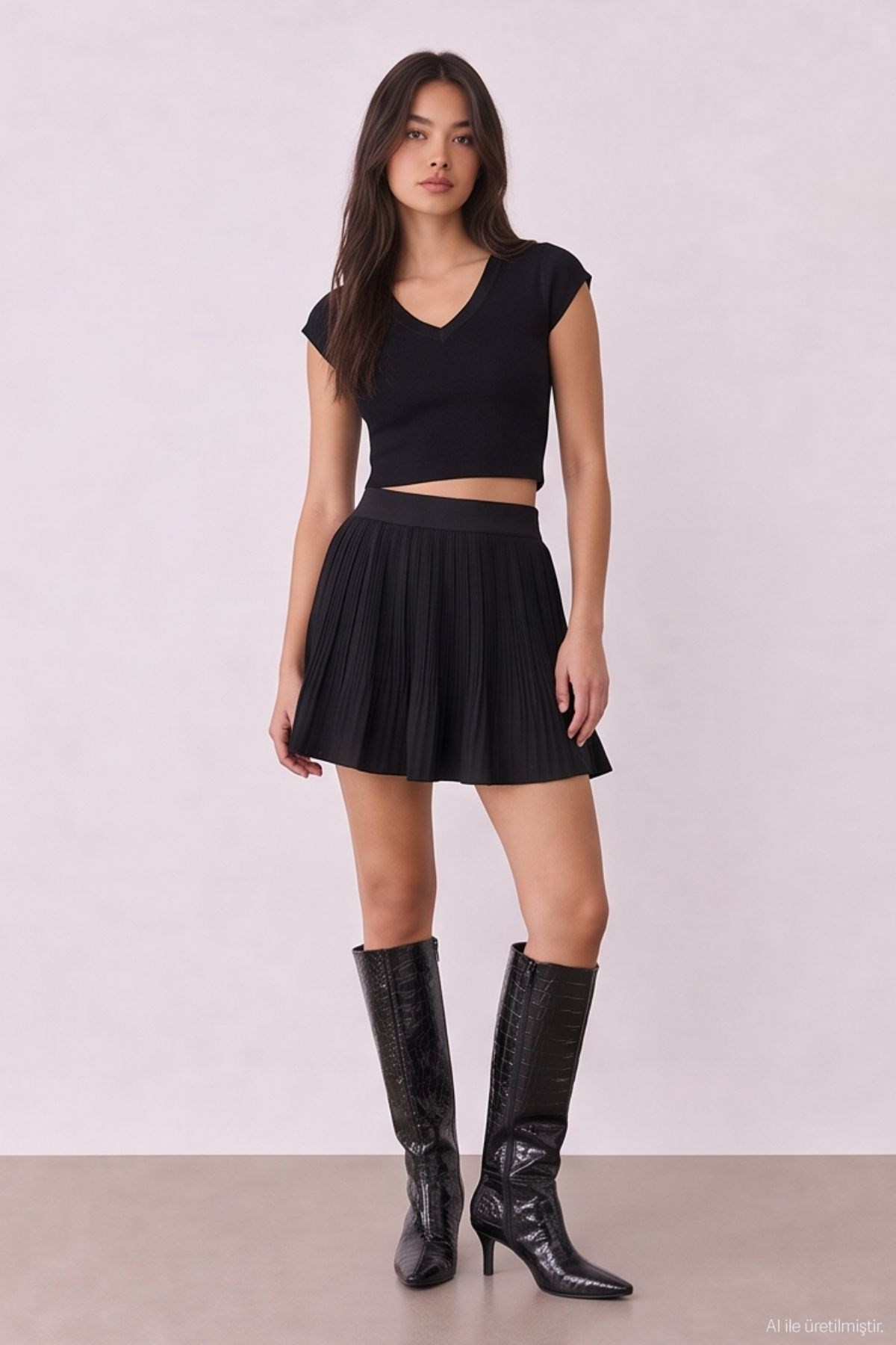Quzu Pleated Detailed Skirt Black