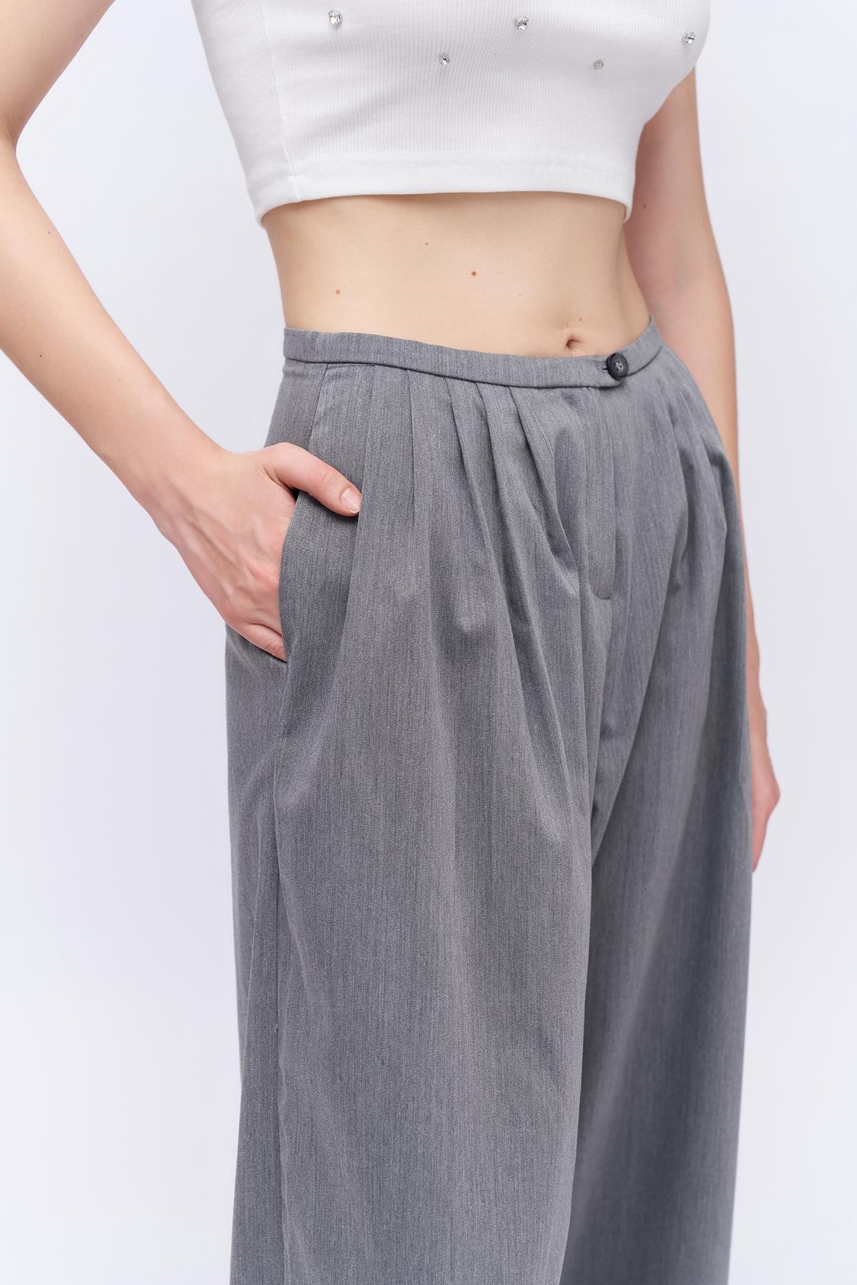 Quzu Pile Detaylı Pantolon Gri