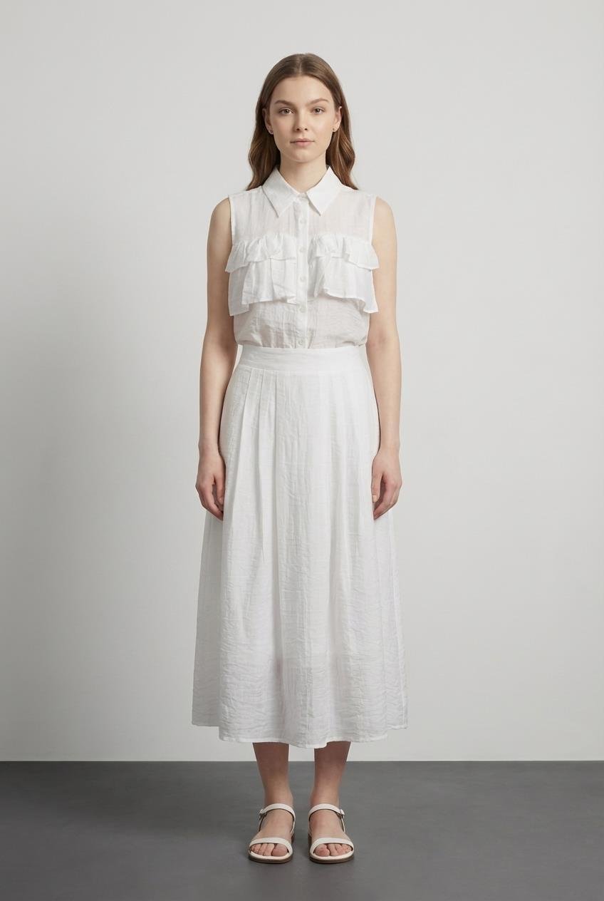 Quzu Pileli Midi Boy Etek Ekru