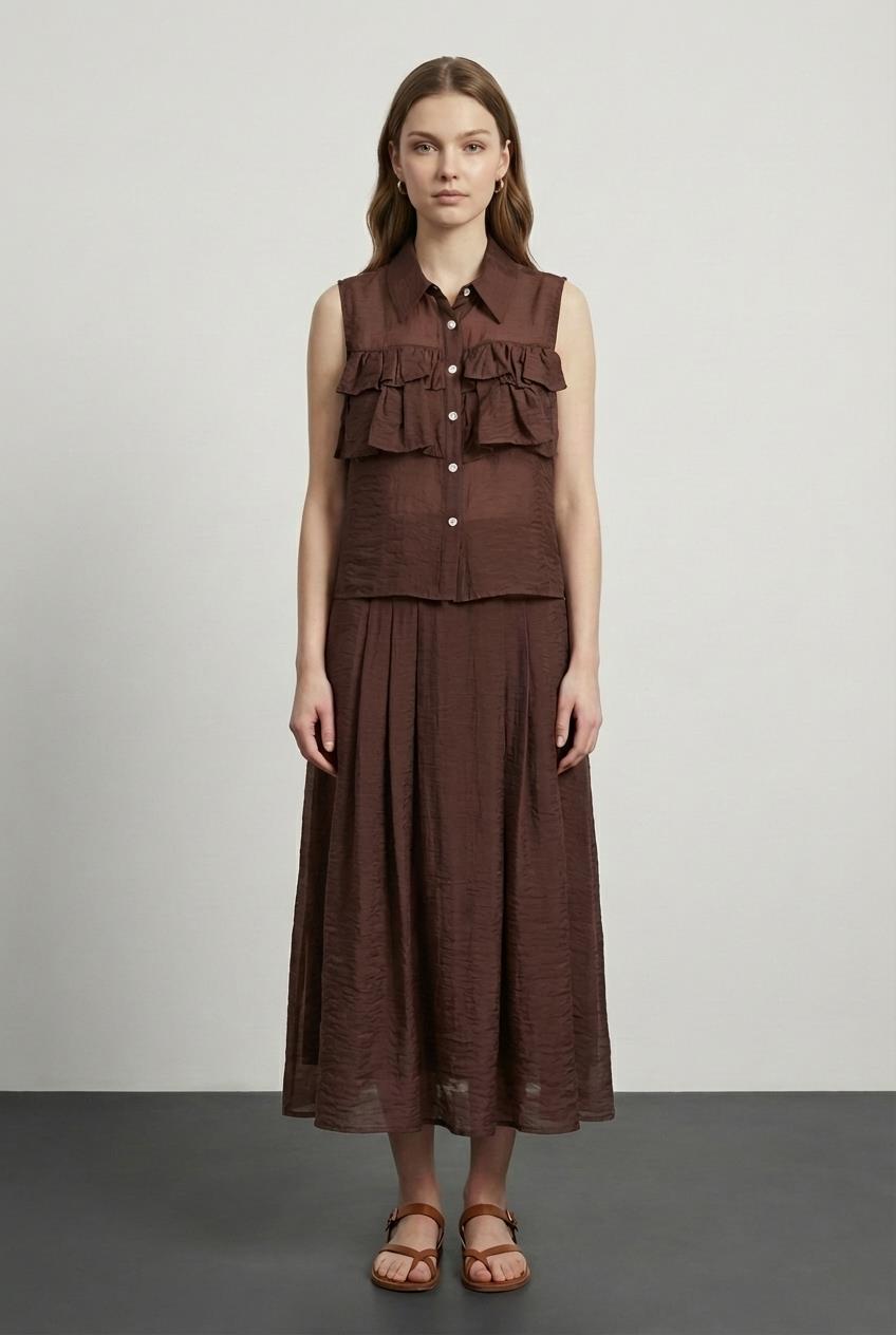 Quzu Pileli Midi Boy Etek Kahve