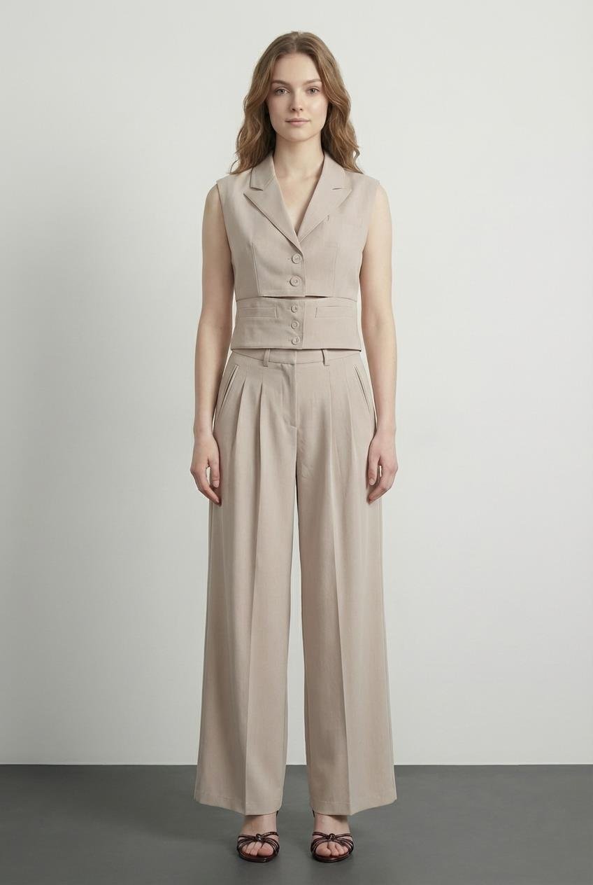 Quzu Pilise Detaylı Cepli Pantolon Bej