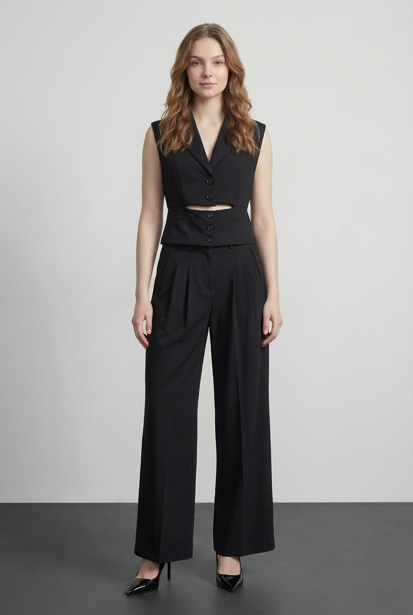 Quzu Pilise Detaylı Cepli Pantolon Siyah