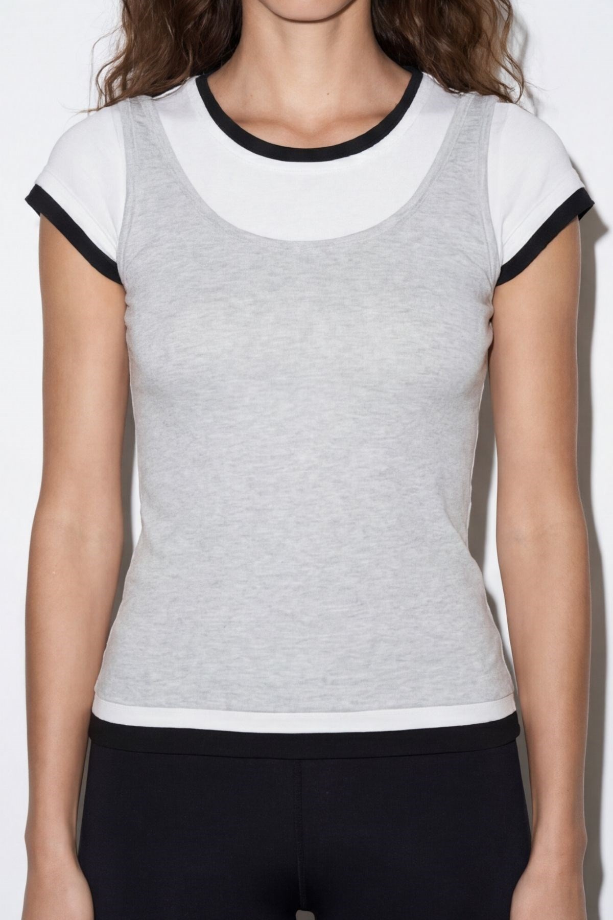 Quzu Renk Bloklu T-shirt Gri Melanj