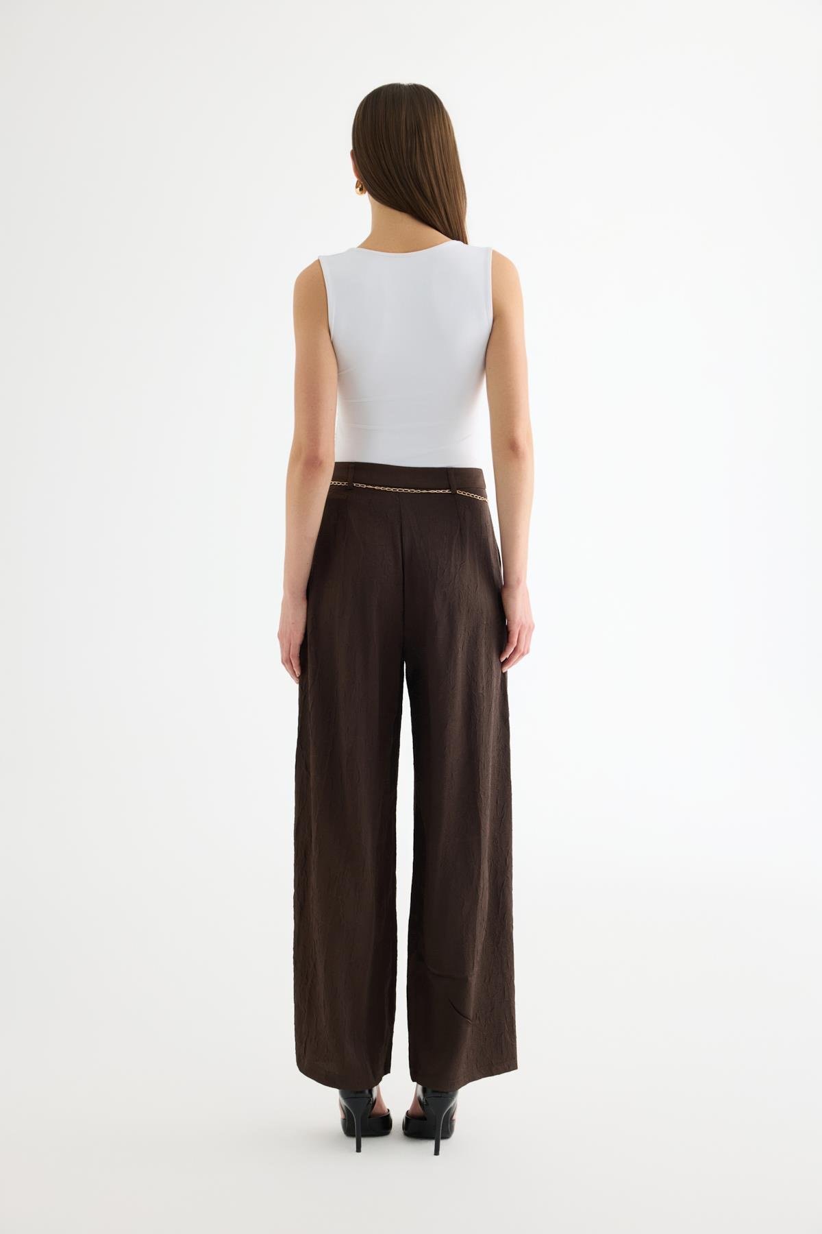 Quzu Saten Palazzo Pantolon Kahve