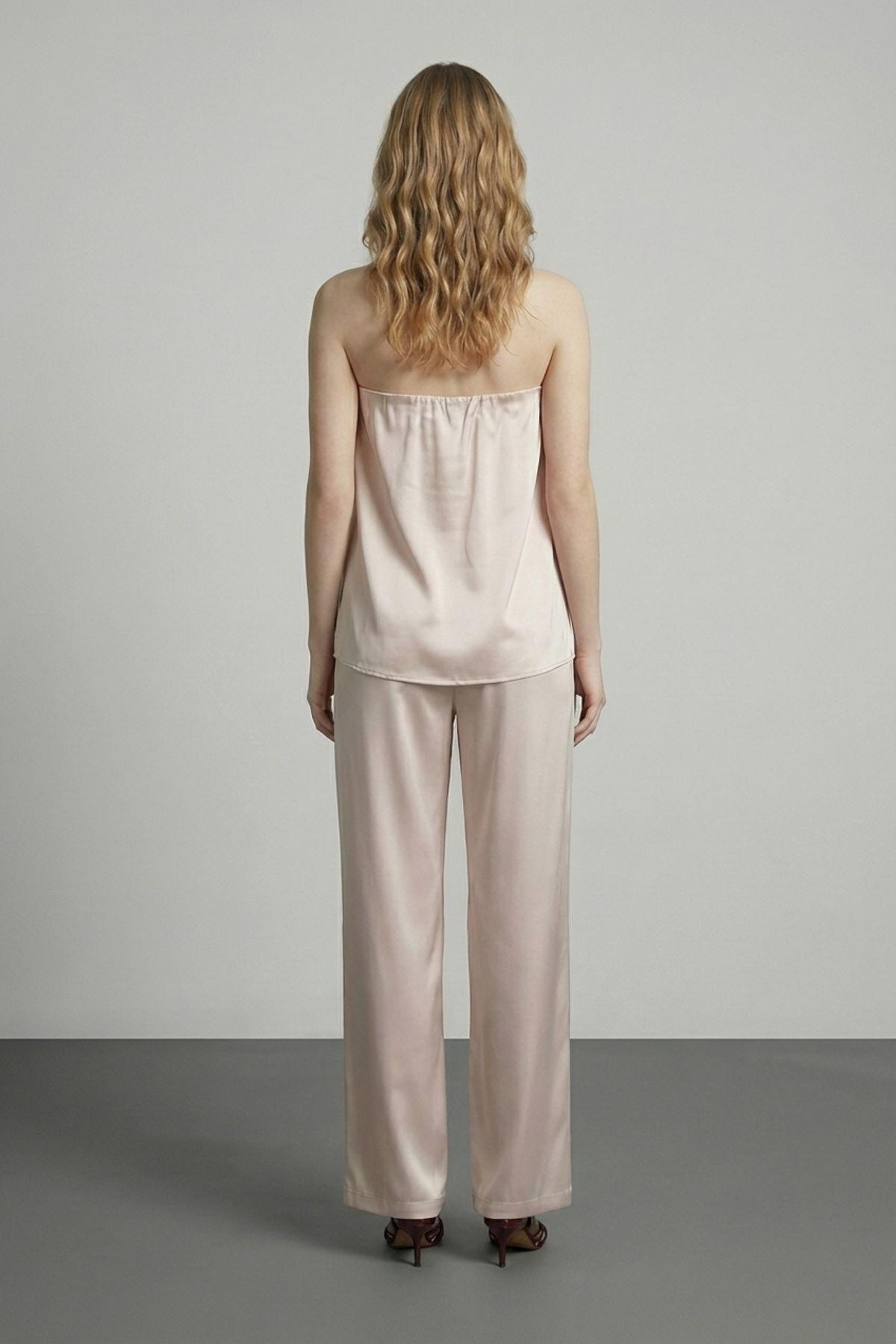 Quzu Saten Straplez Bluz Bej