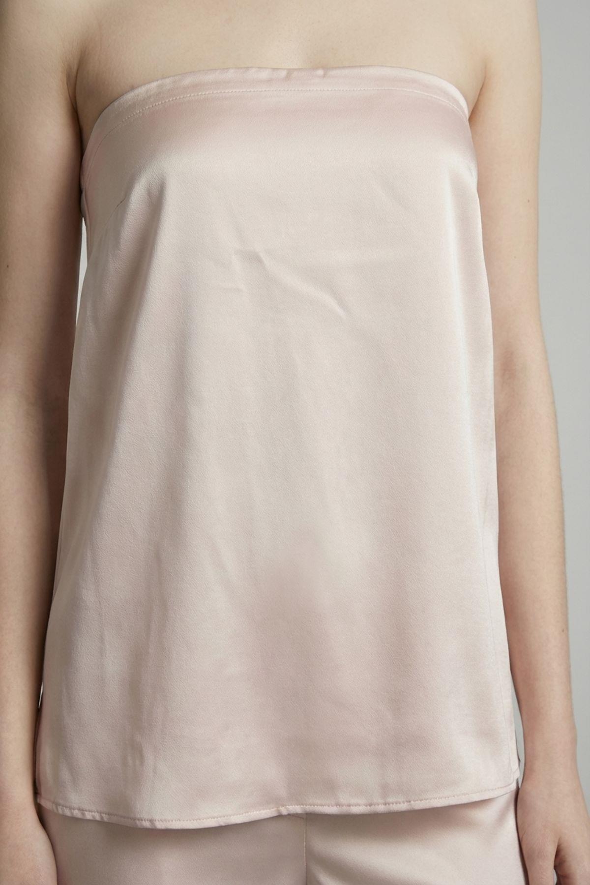 Quzu Saten Straplez Bluz Bej