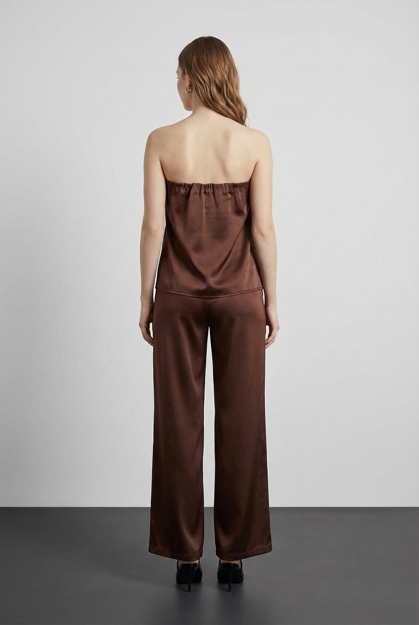 Quzu Saten Straplez Bluz Kahve