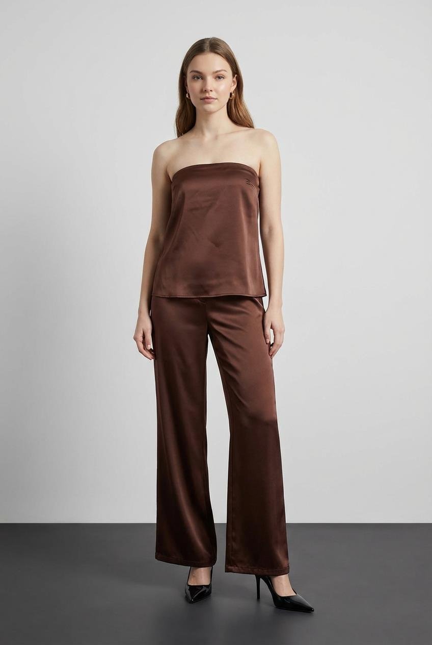 Quzu Saten Straplez Bluz Kahve