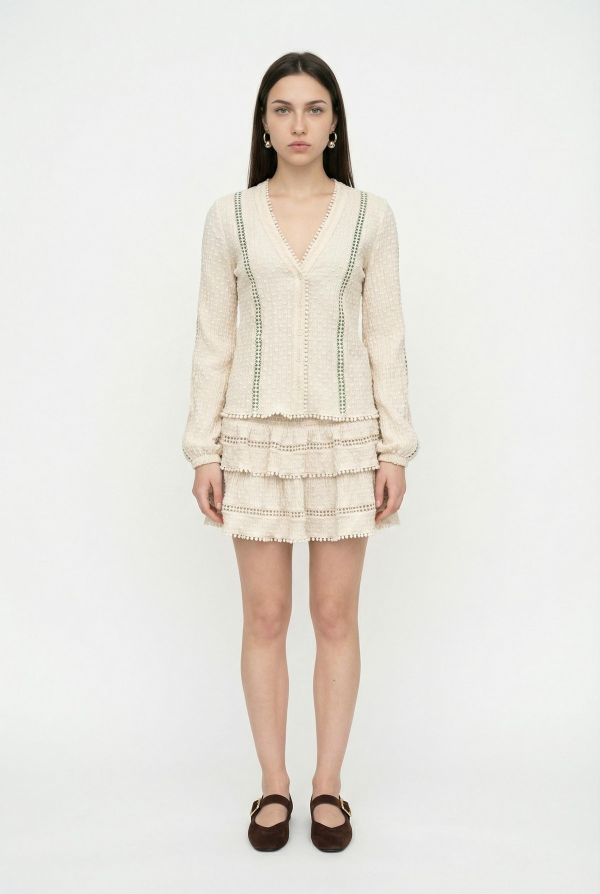 Quzu Şerit Detaylı Etek Bej