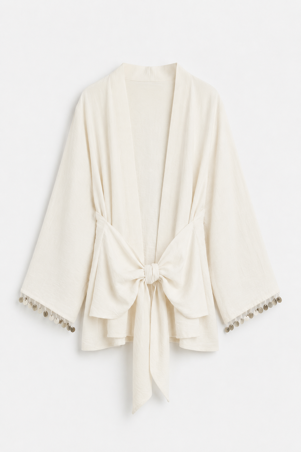 Quzu Şerit Detaylı Kimono Ekru