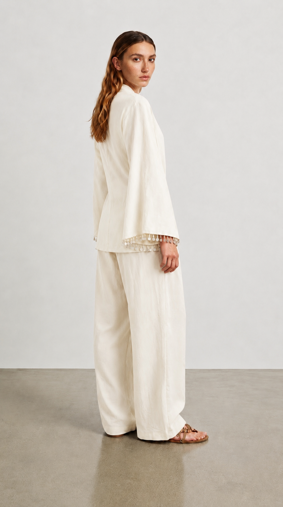Quzu Şerit Detaylı Kimono Ekru