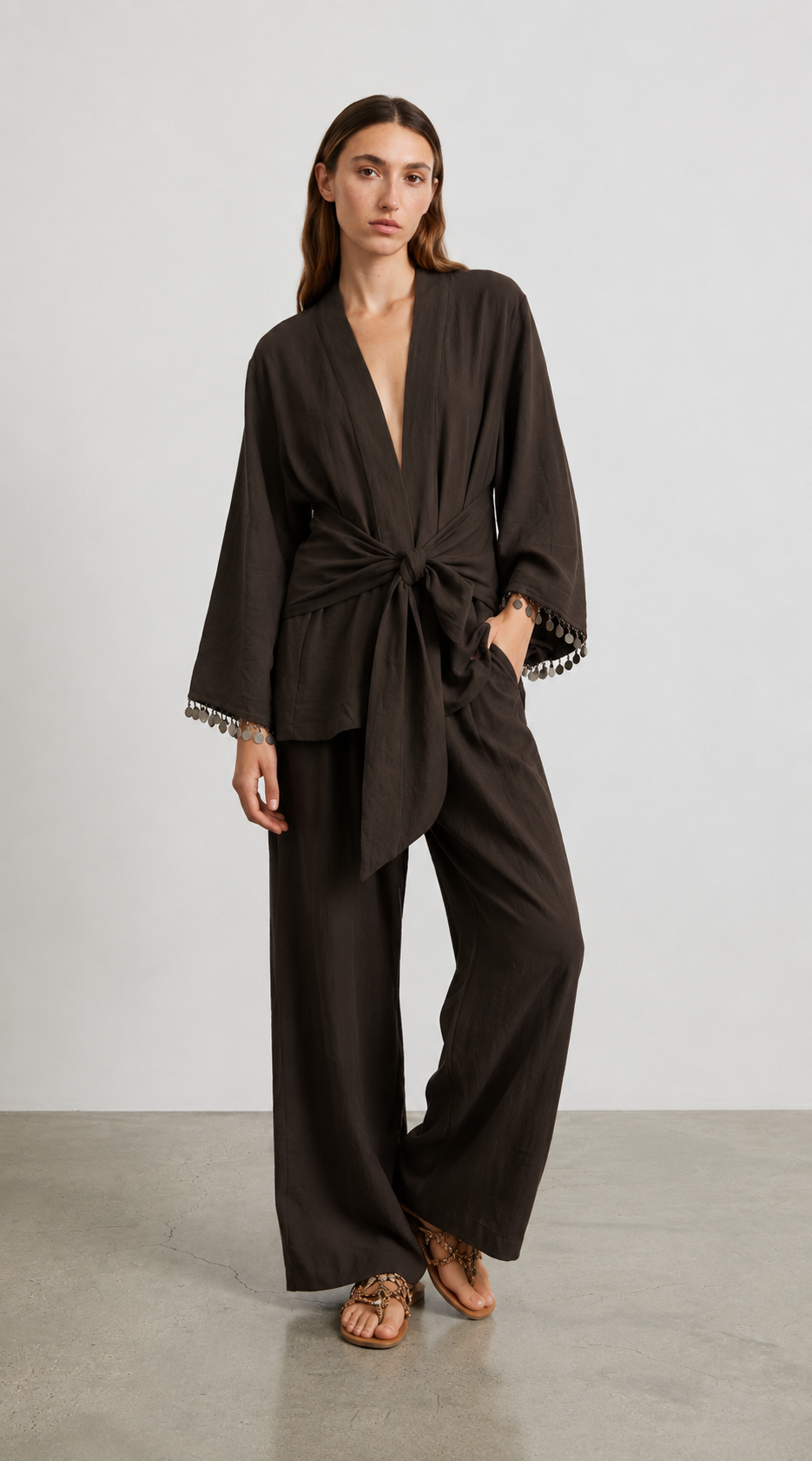 Quzu Şerit Detaylı Kimono Kahve