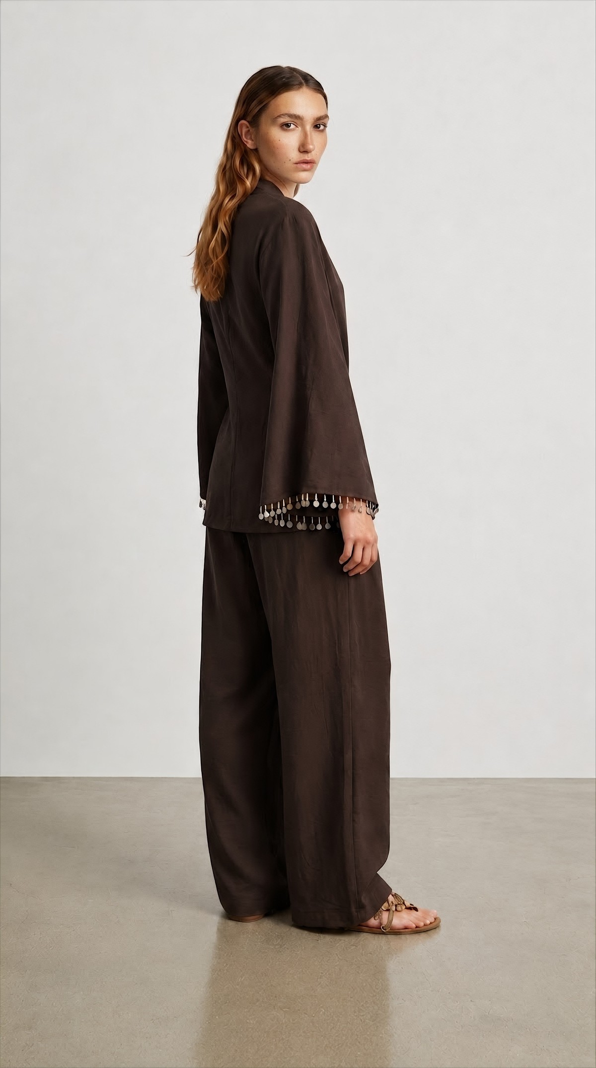 Quzu Şerit Detaylı Kimono Kahve