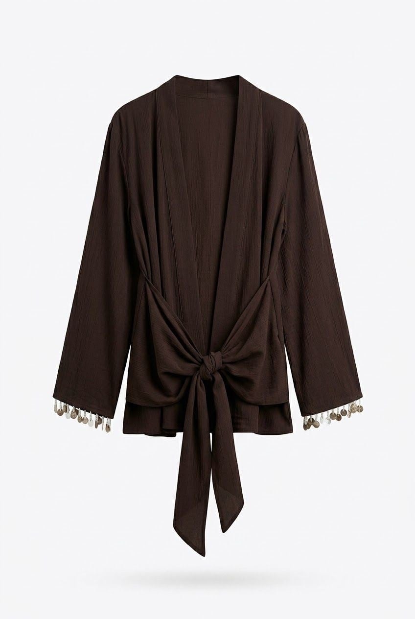 Quzu Şerit Detaylı Kimono Kahve