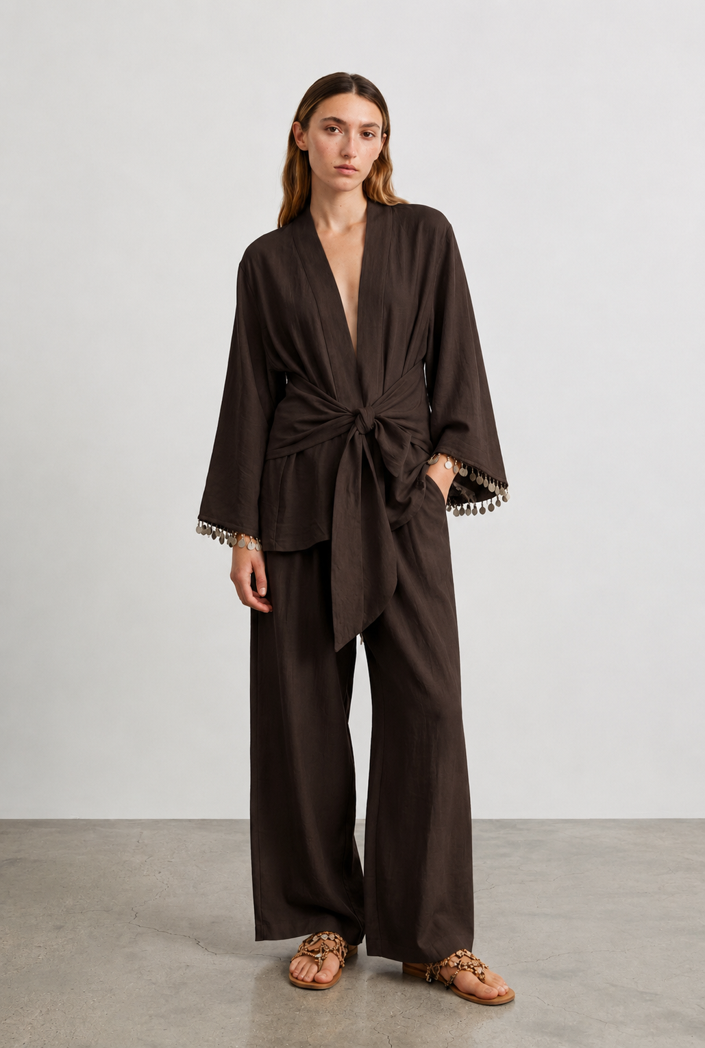 Quzu Şerit Detaylı Kimono Kahve