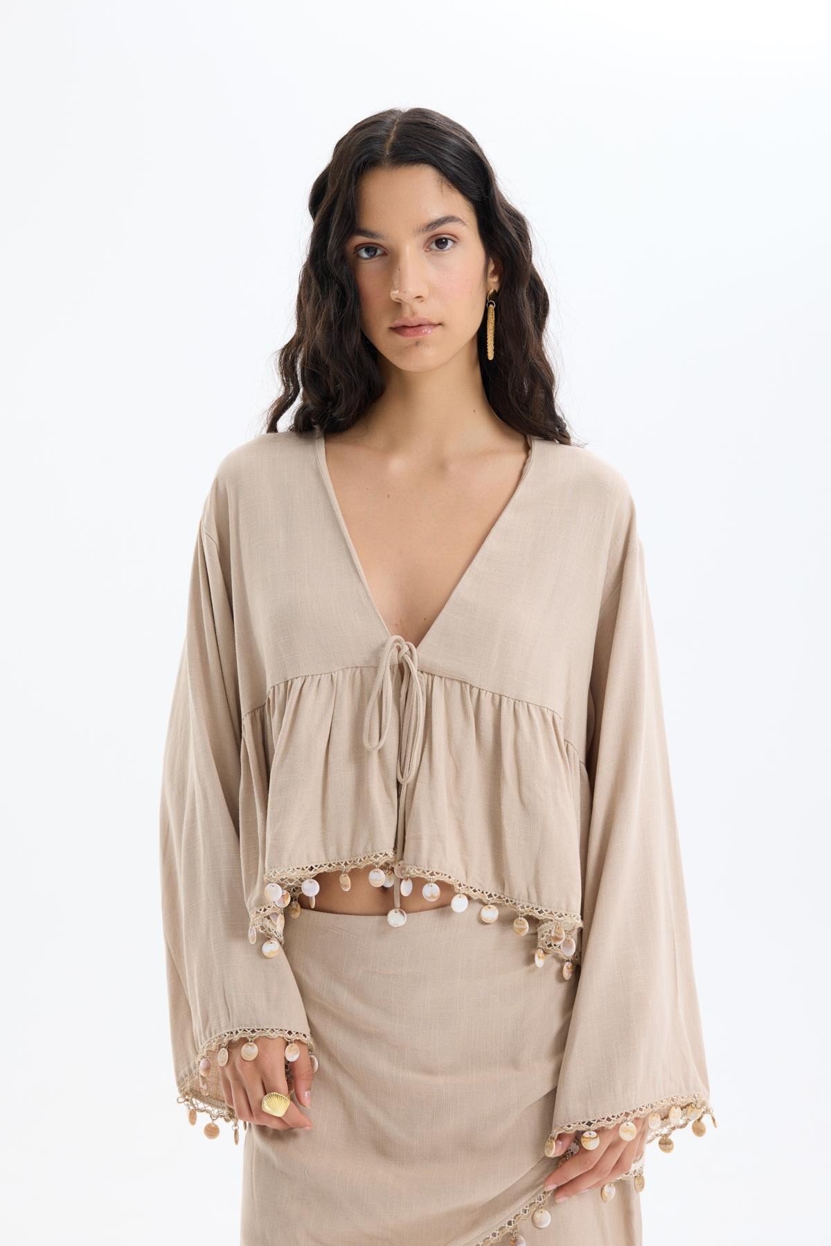 Quzu Stripe Detail Kimono Dark Beige