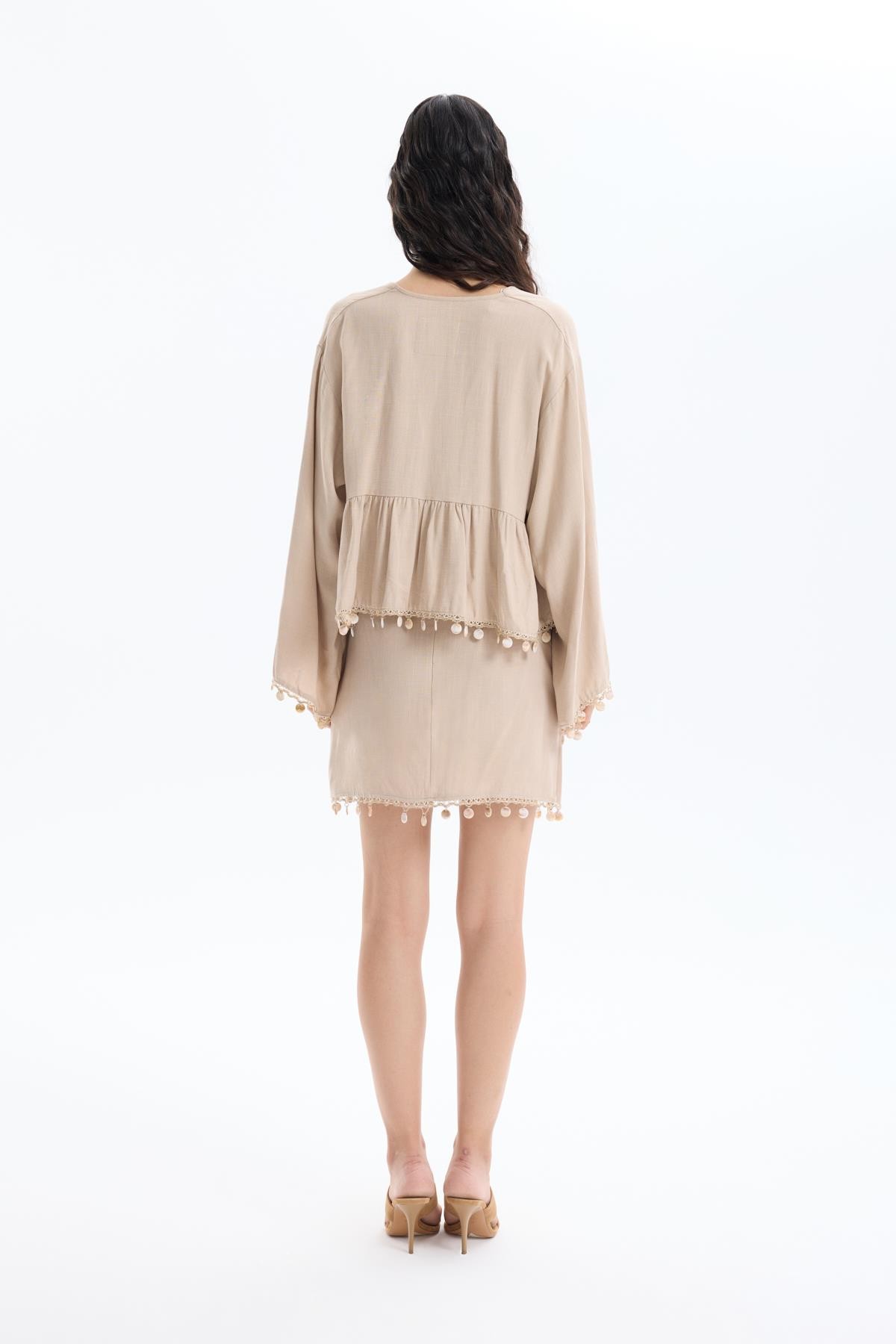 Quzu Stripe Detail Kimono Dark Beige