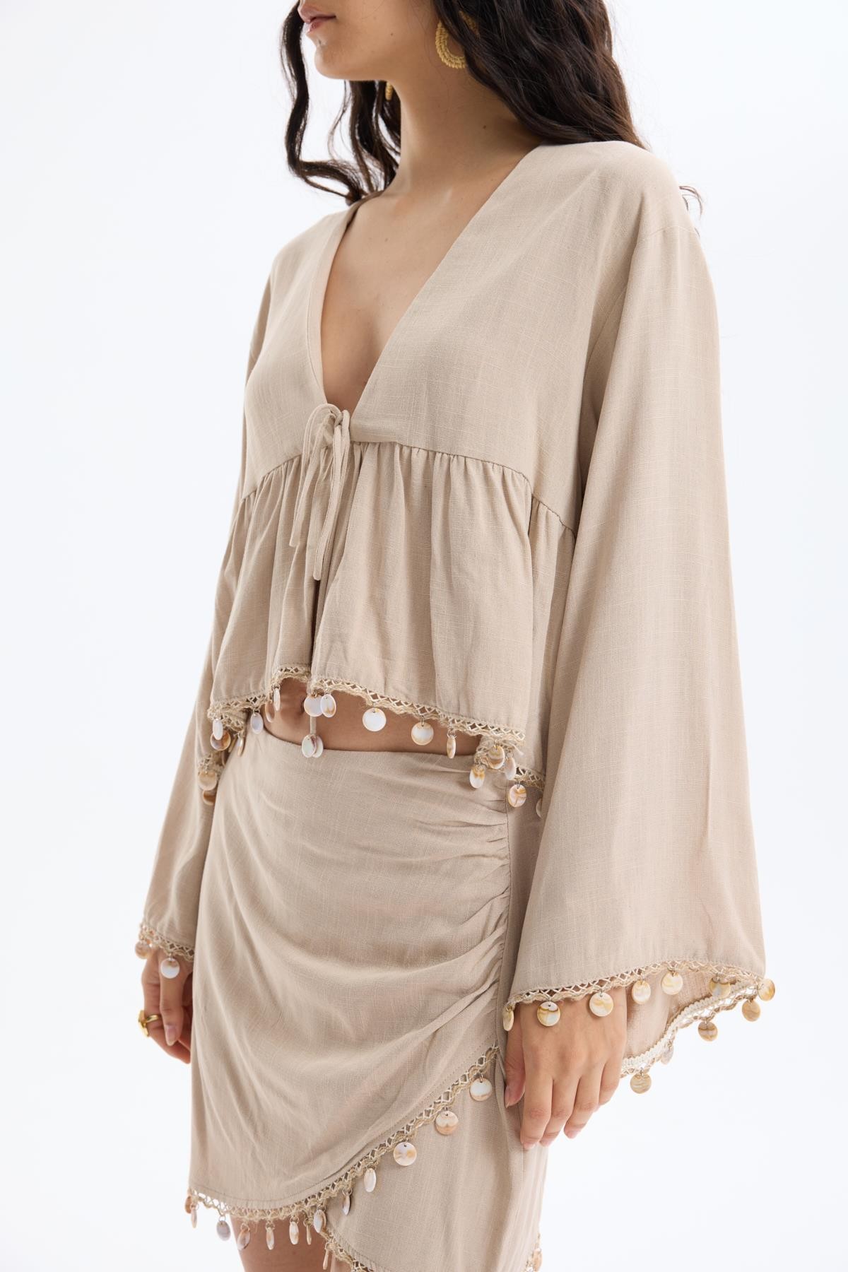 Quzu Stripe Detail Kimono Dark Beige
