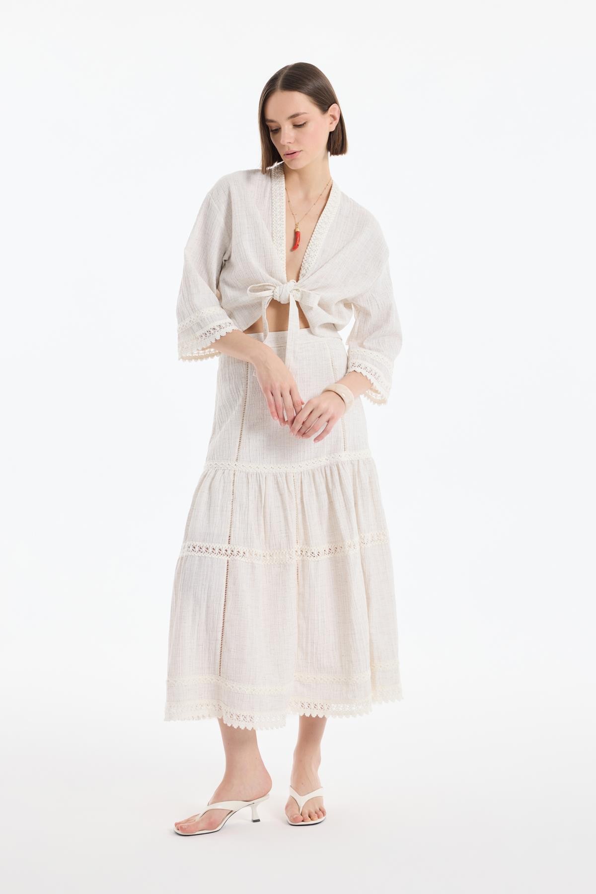 Quzu Şerit Detaylı Kimono Natur