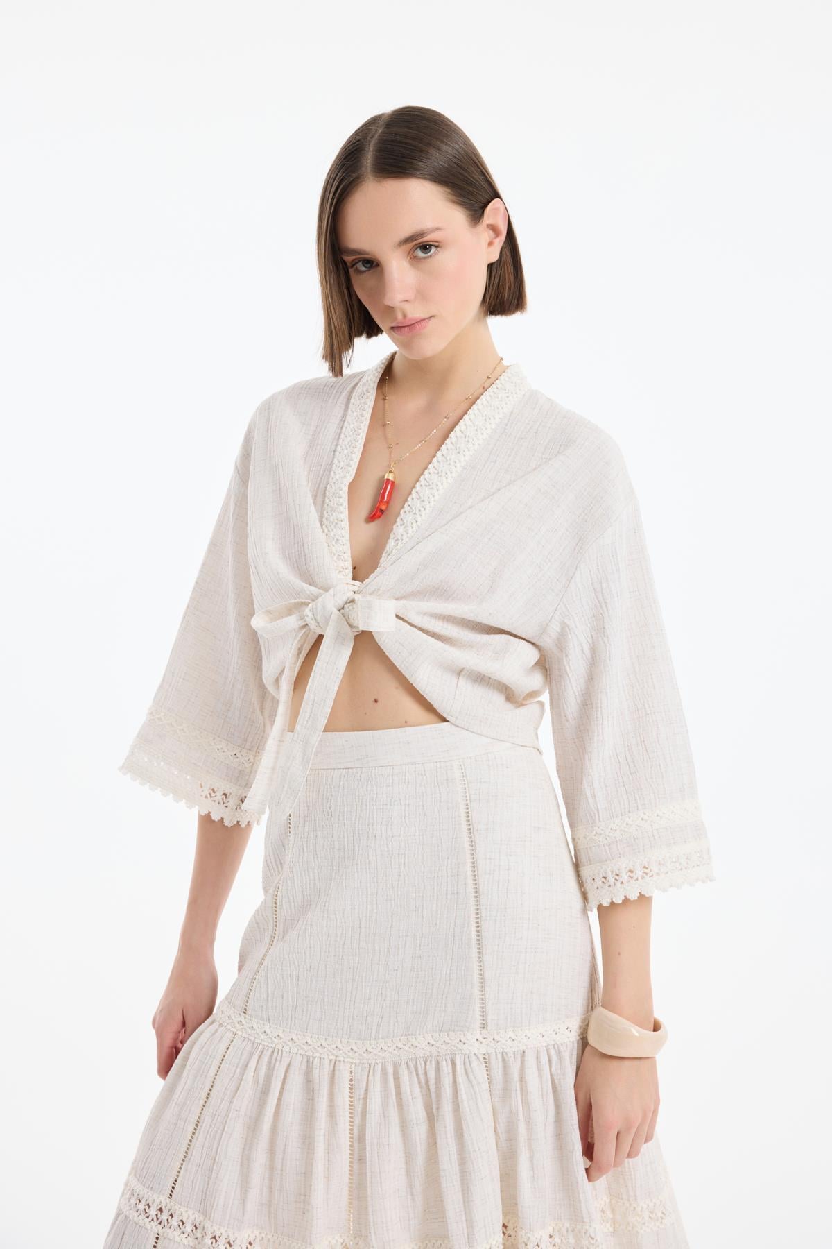 Quzu Şerit Detaylı Kimono Natur