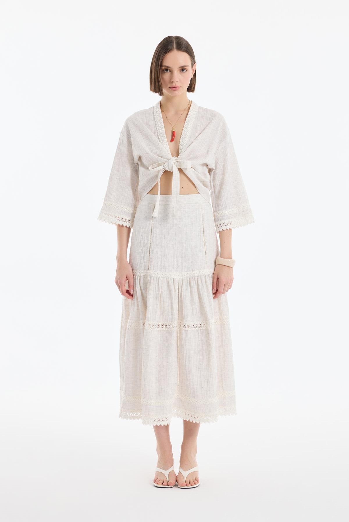 Quzu Şerit Detaylı Kimono Natur