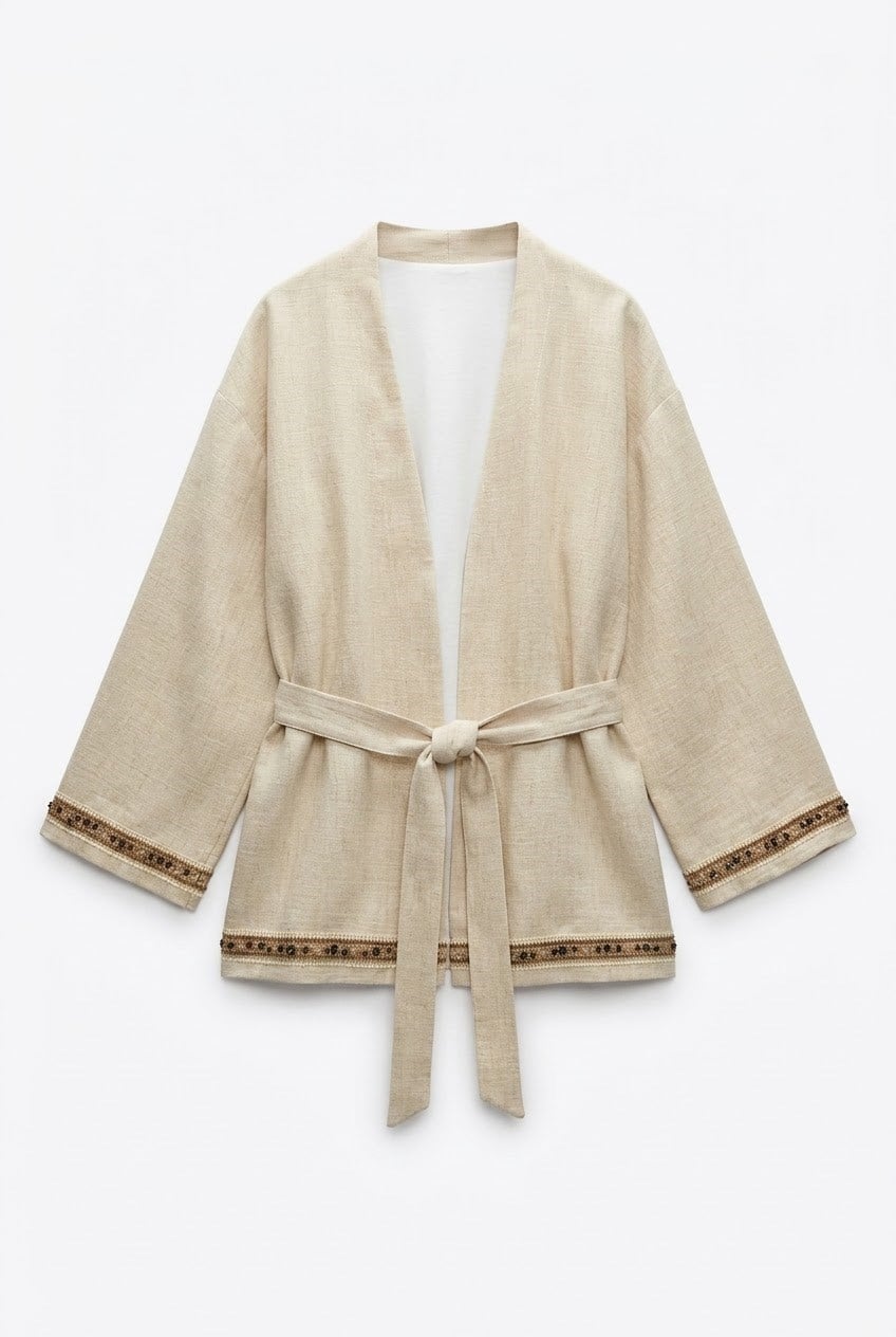 Quzu Şerit Detaylı Kimono Natur