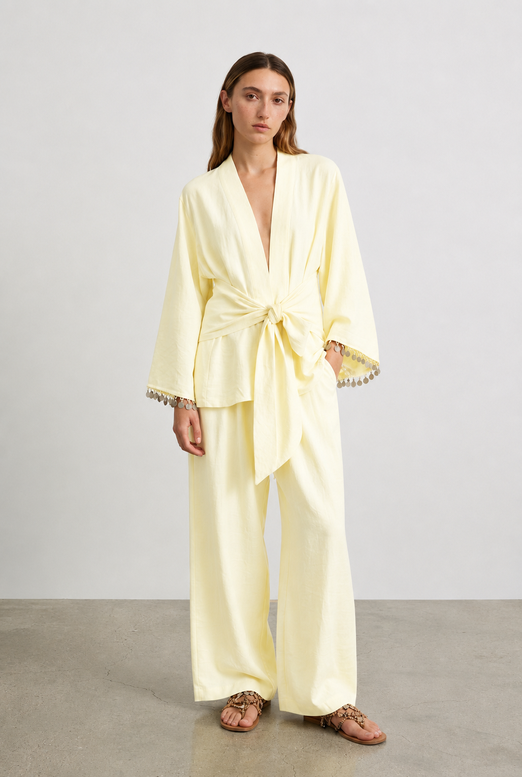 Quzu Şerit Detaylı Kimono Sarı