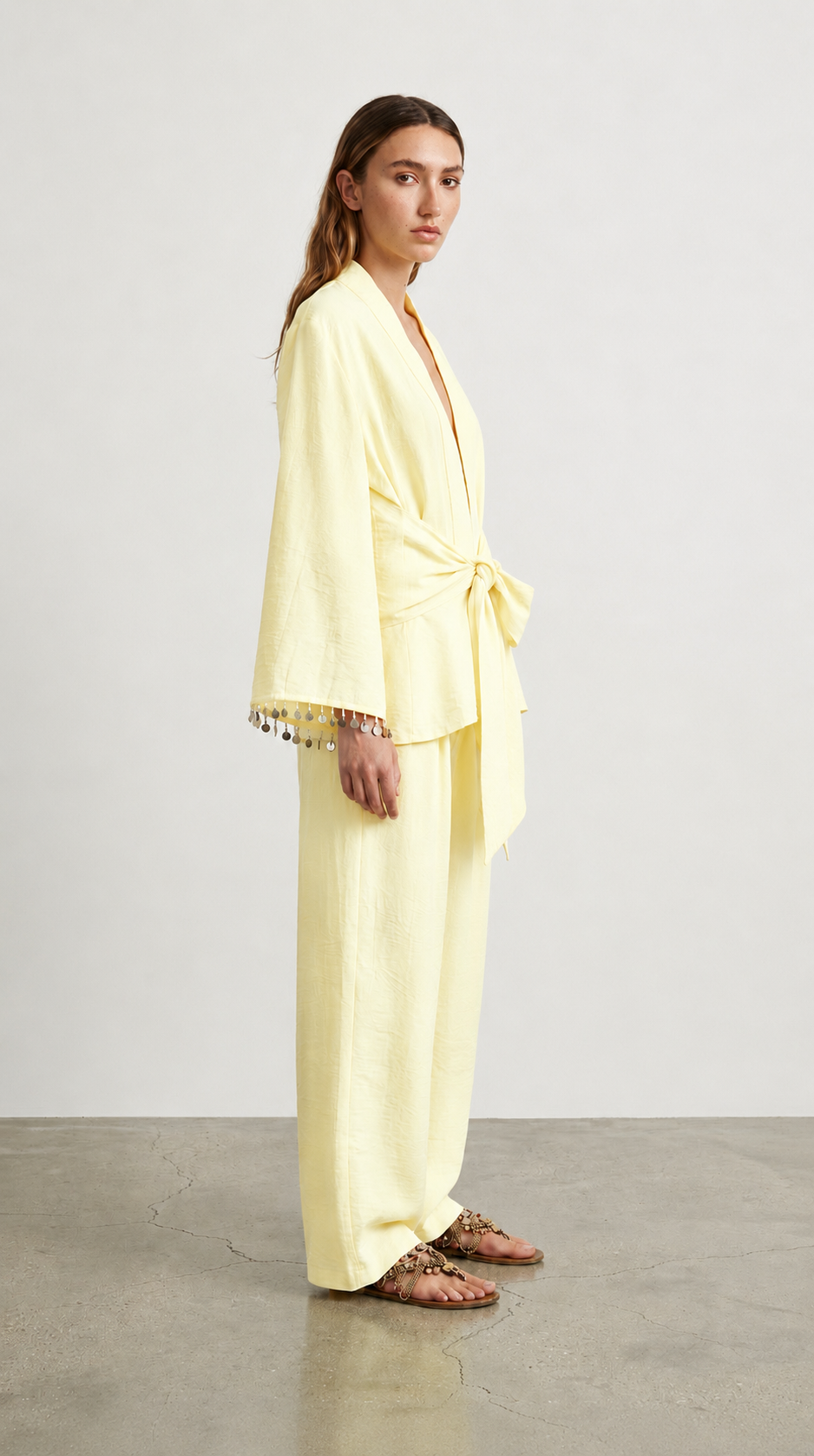 Quzu Şerit Detaylı Kimono Sarı