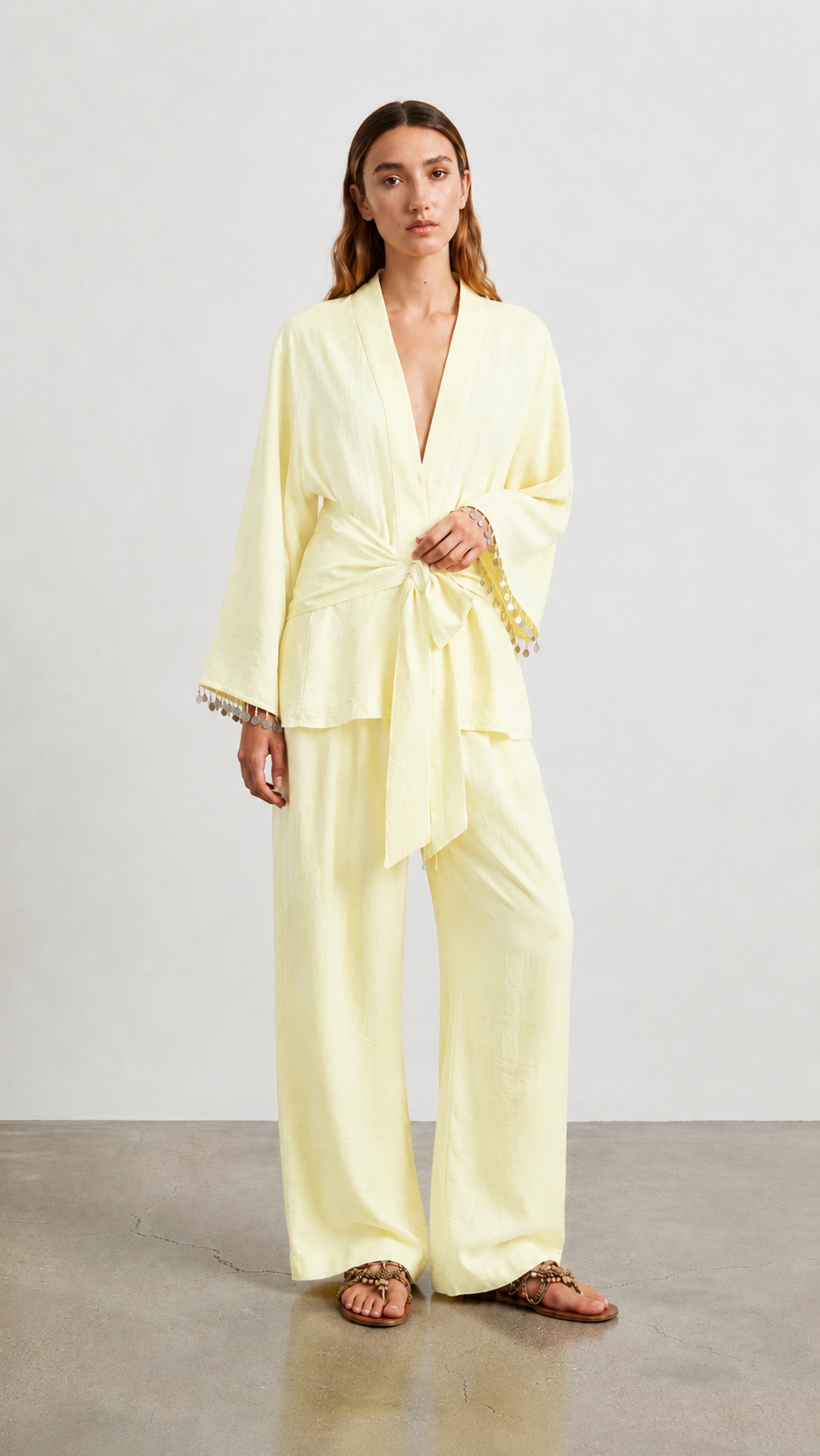 Quzu Şerit Detaylı Kimono Sarı