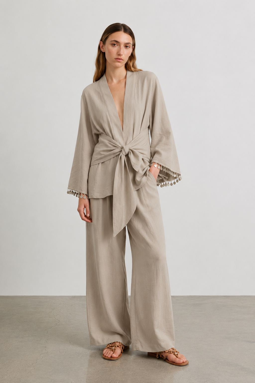 Quzu Şerit Detaylı Kimono Taş