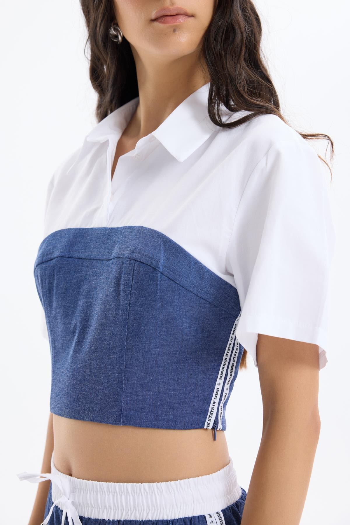 Quzu Şerit Detaylı Macthli Bluz İndigo