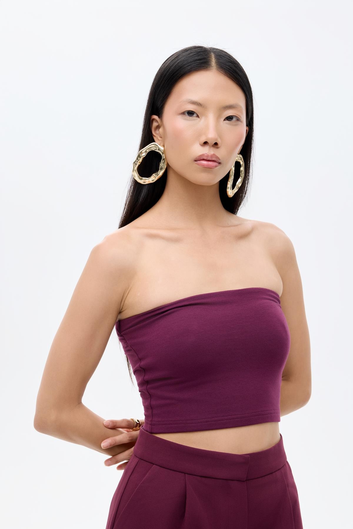 Quzu Straplez Crop Top Bordo