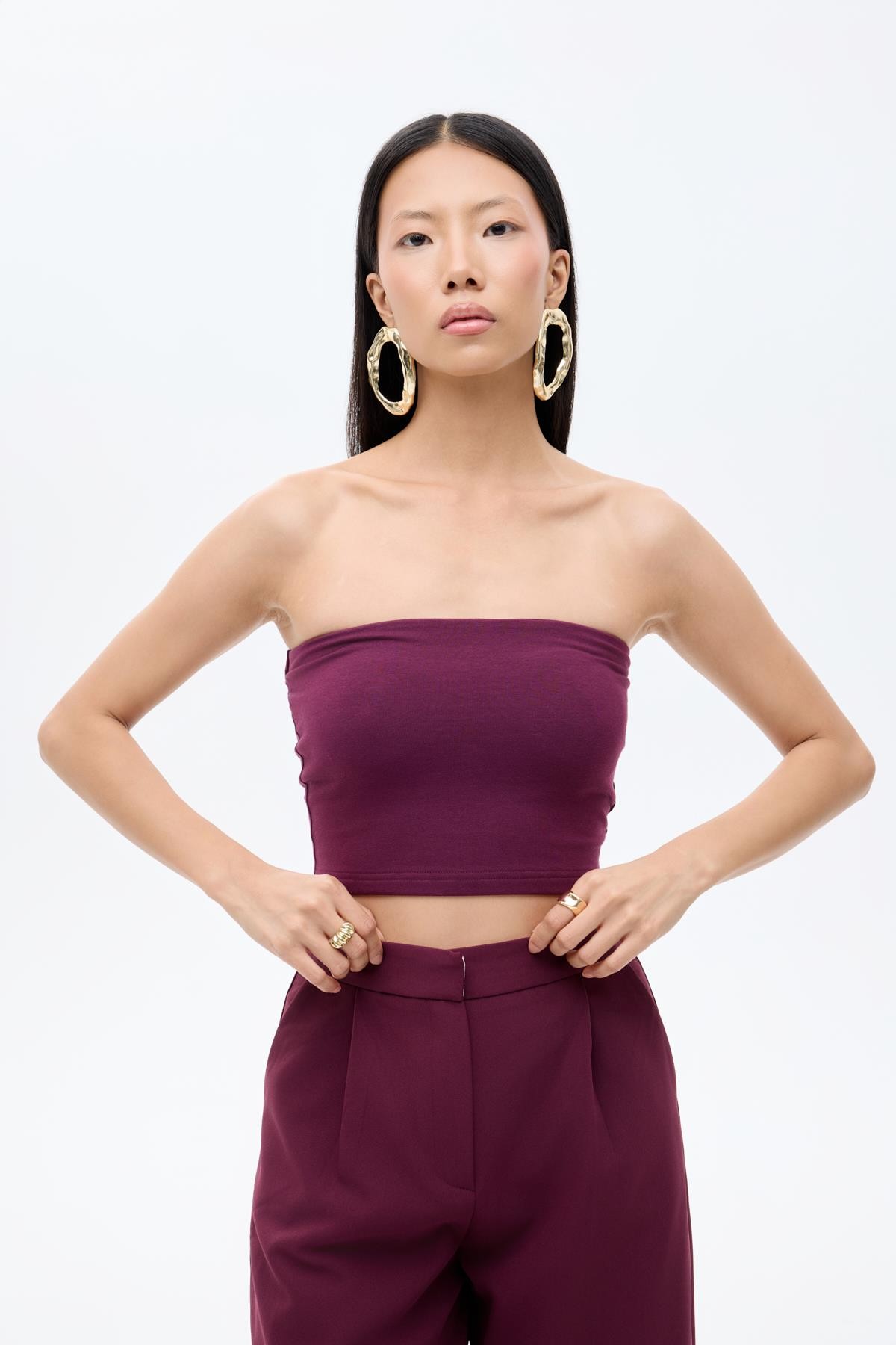 Quzu Straplez Crop Top Bordo