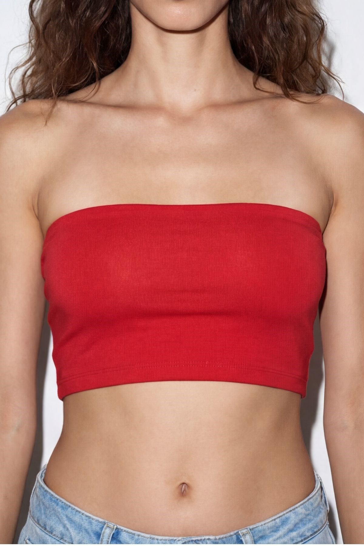 Quzu Straplez Crop Top Kırmızı