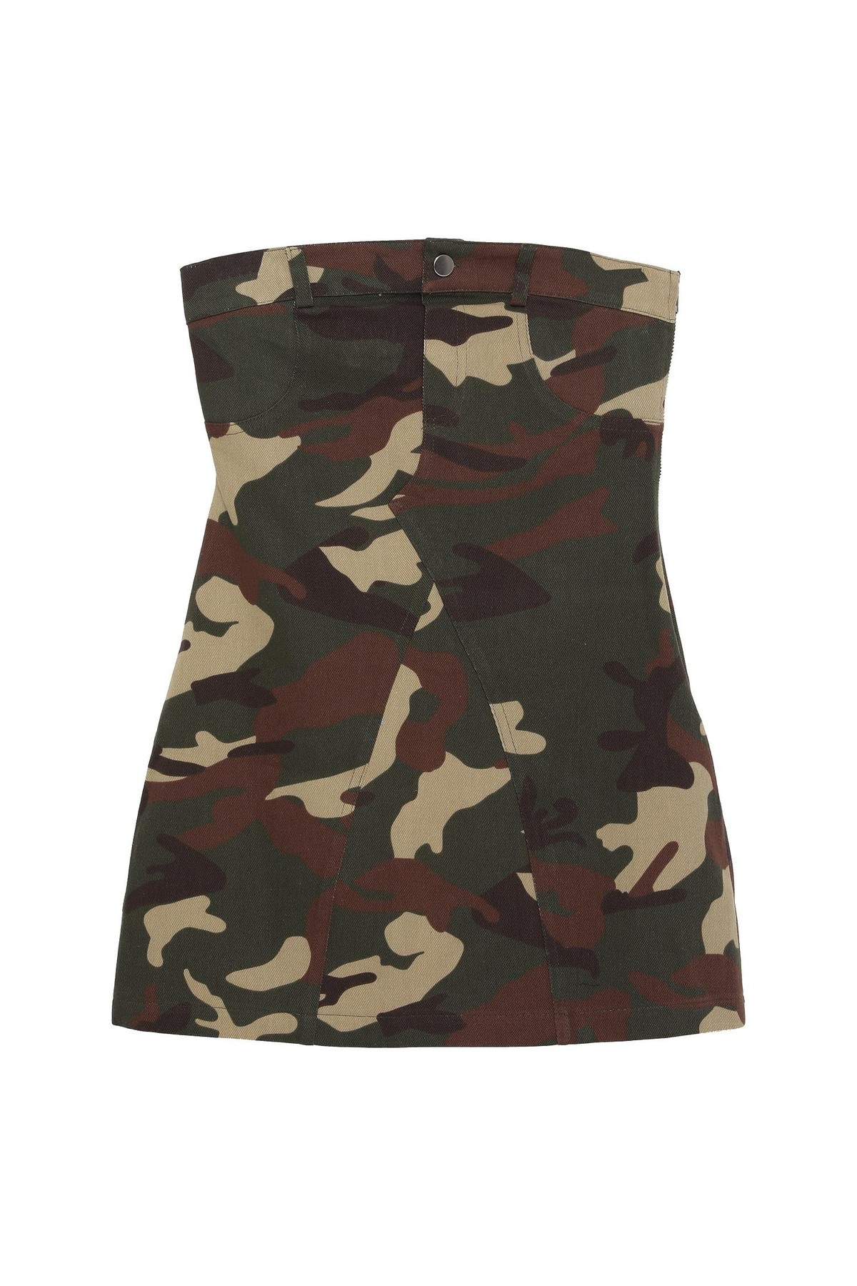 Quzu Straplez Kamuflaj Elbise Haki