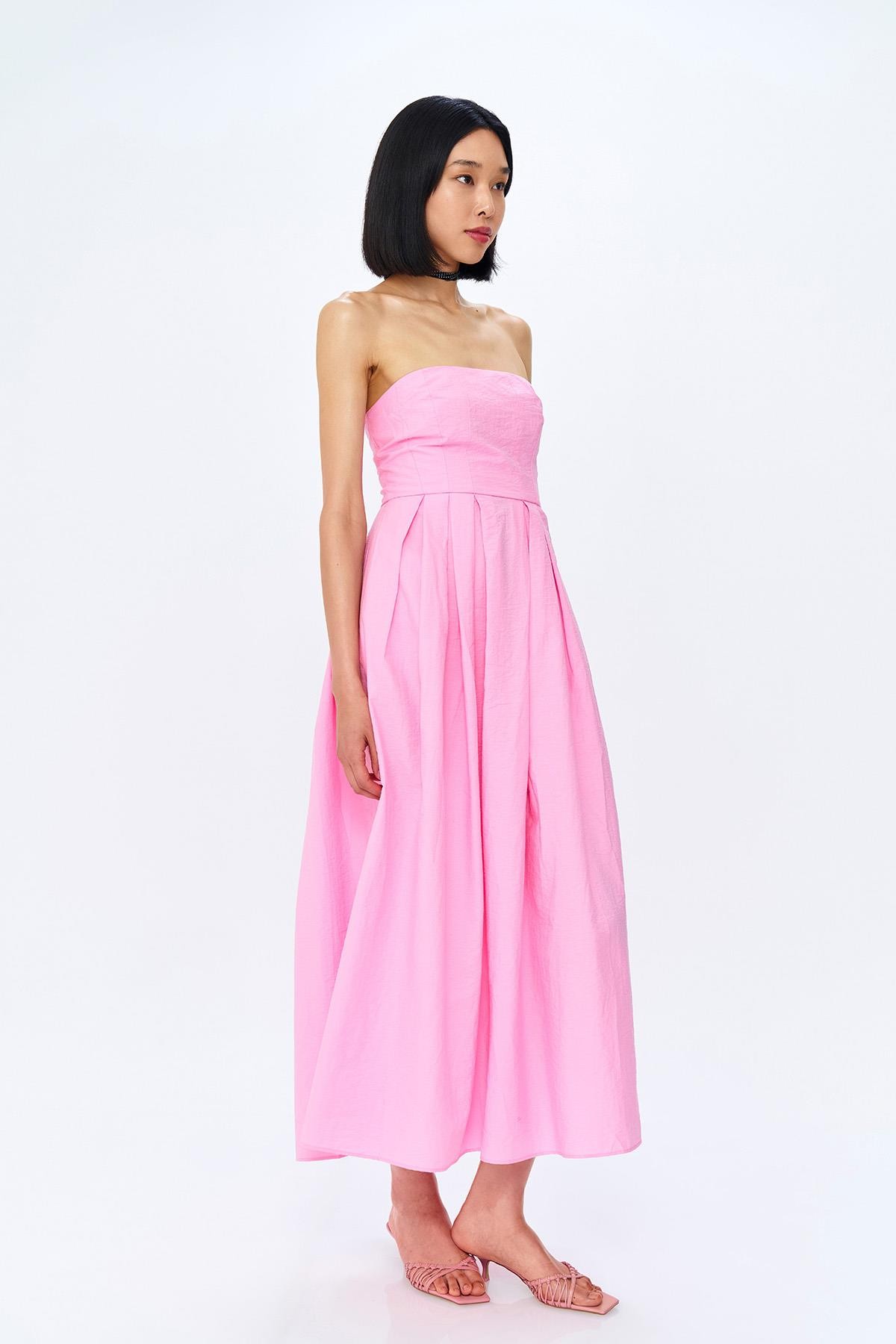 Quzu Straplez Midi Boy Elbise Pembe