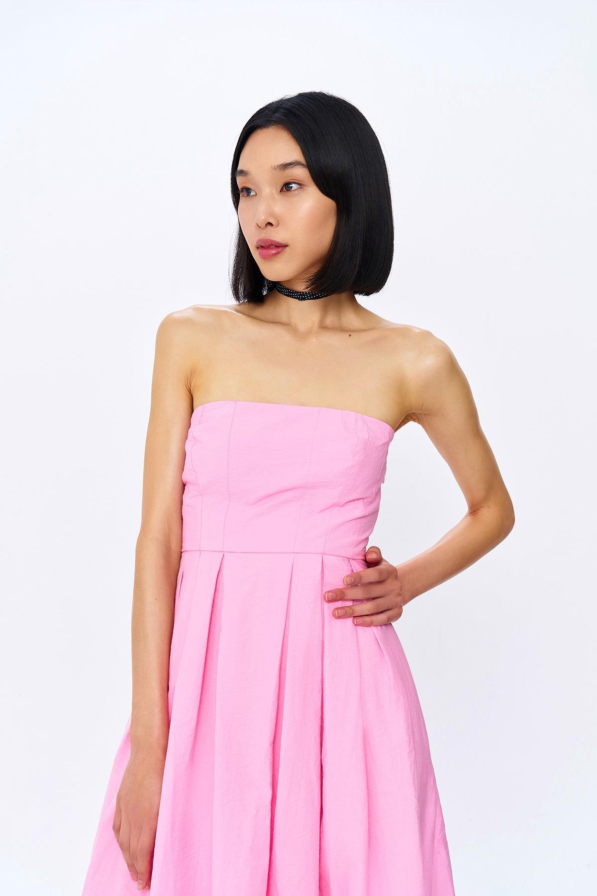 Quzu Straplez Midi Boy Elbise Pembe