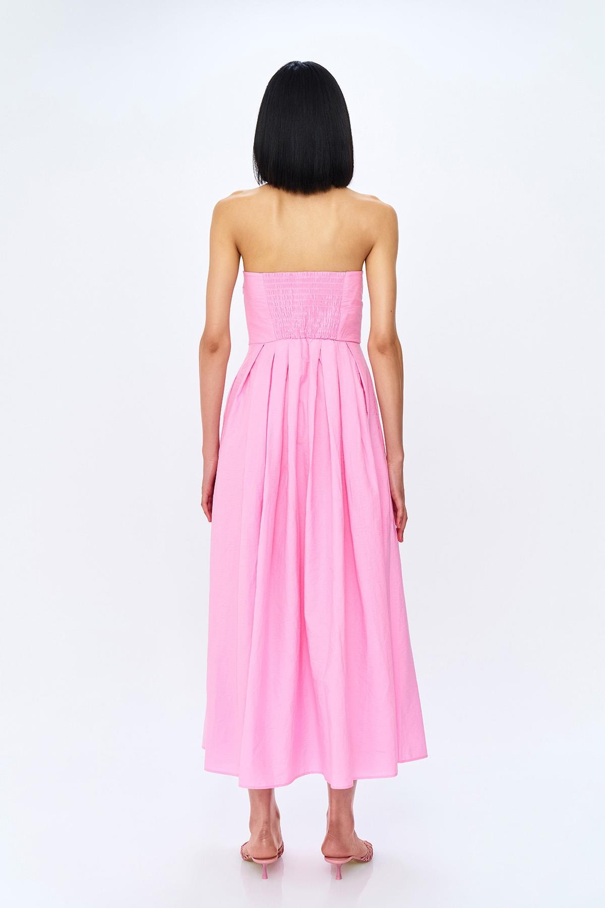 Quzu Straplez Midi Boy Elbise Pembe