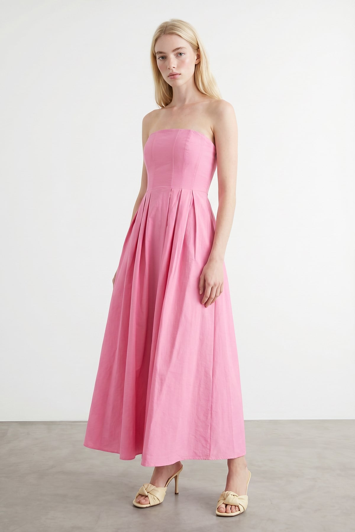 Quzu Straplez Midi Boy Elbise Pembe