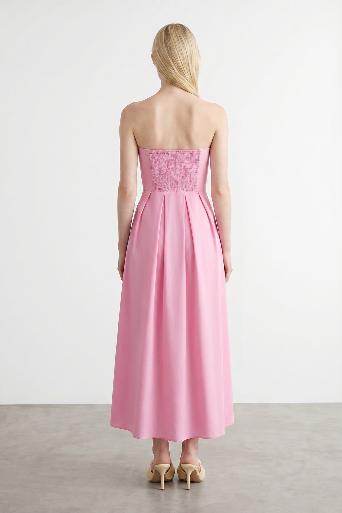 Quzu Straplez Midi Boy Elbise Pembe