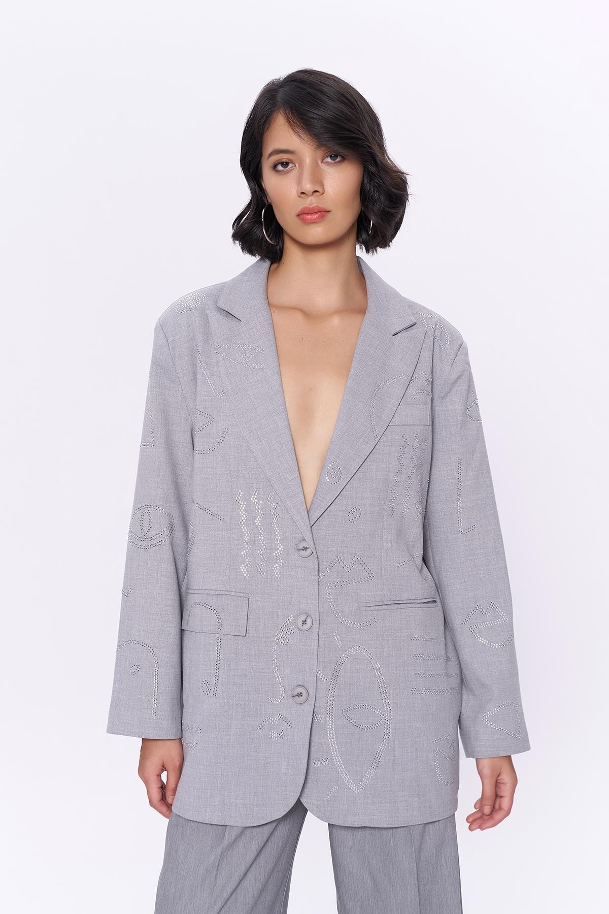 Quzu Taş Detaylı Blazer Ceket Açık Gri