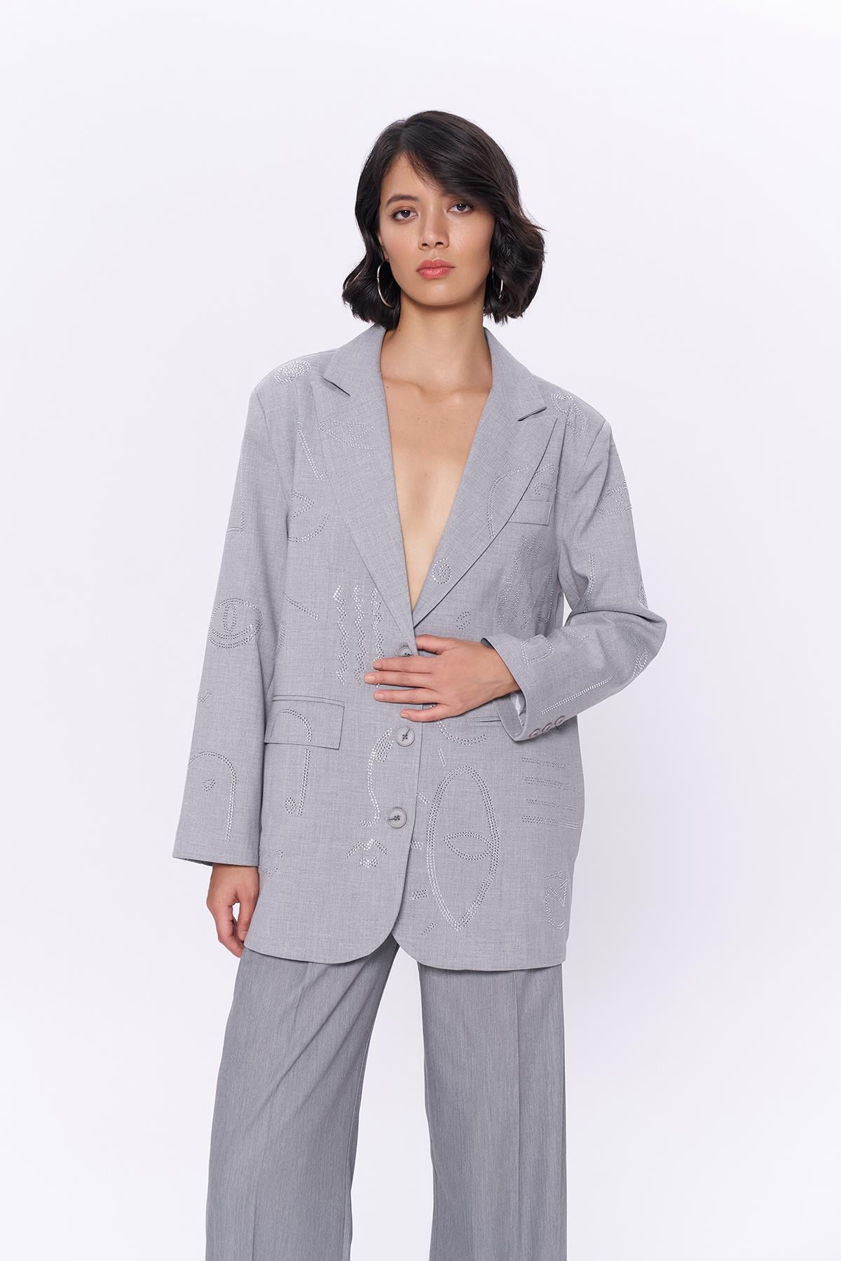 Quzu Taş Detaylı Blazer Ceket Açık Gri