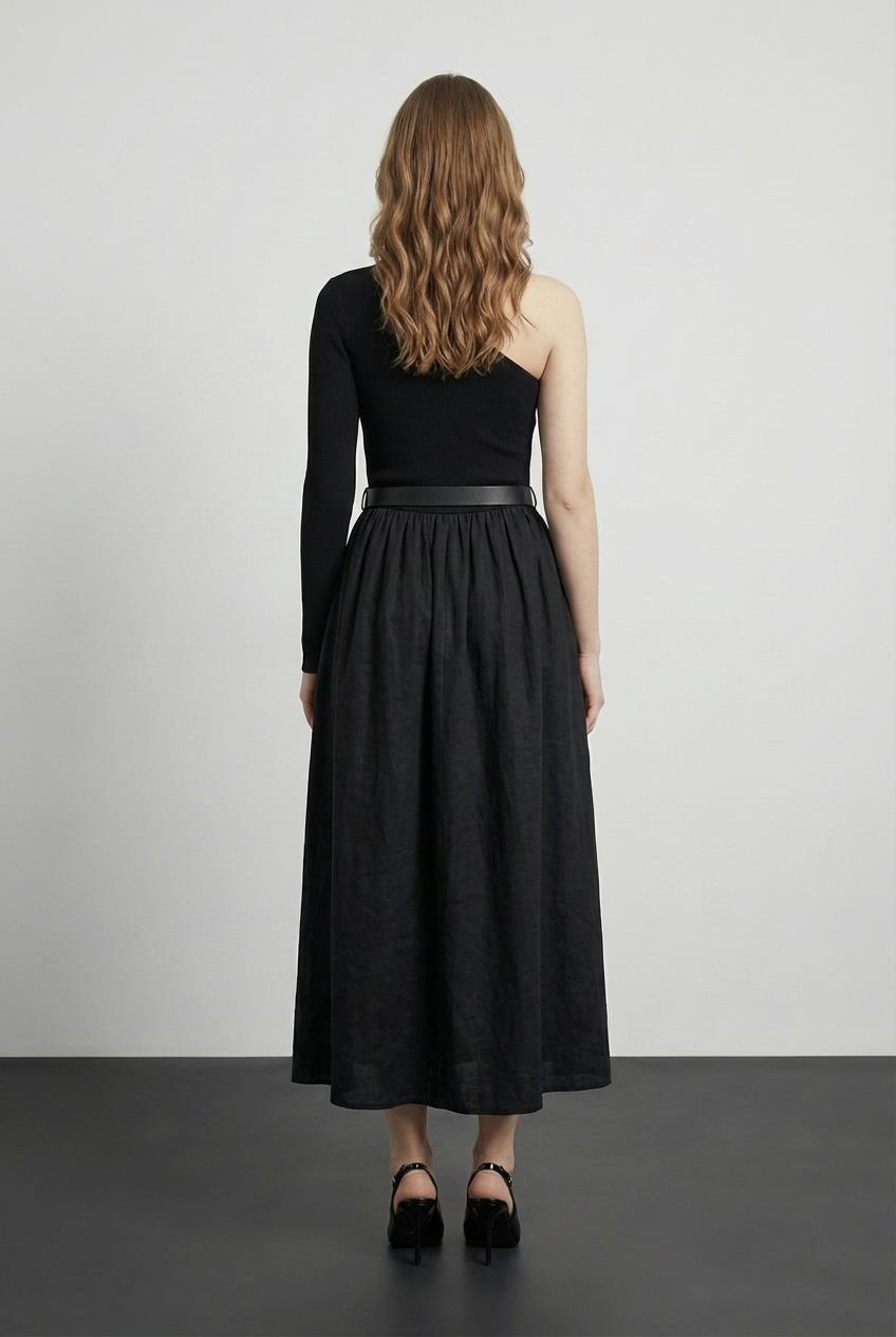 Quzu Tek Omuz Detaylı Elbise Siyah