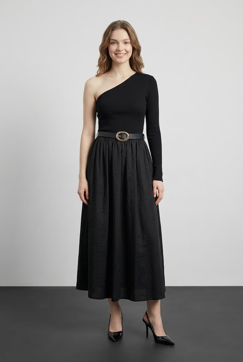 Quzu Tek Omuz Detaylı Elbise Siyah